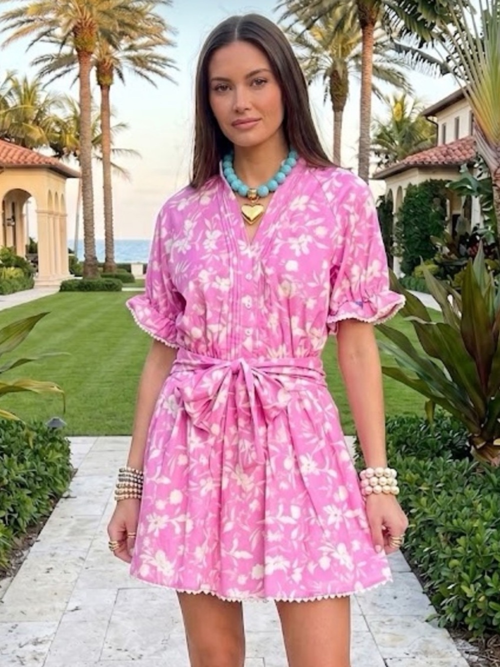 Serenette Kourt Pink White Floral Self-Tie Mini Dress Womens Size Small Preppy